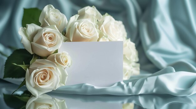 Foto un bouquet di grandi e belle rose bianche con una carta bianca vuota per scrivere