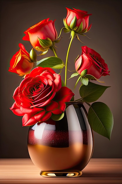 Bouquet of blossoming red roses in vase