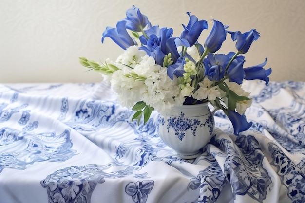 A Bouquet of Blue Flowers on a White Lace Tablecloth Generative AI