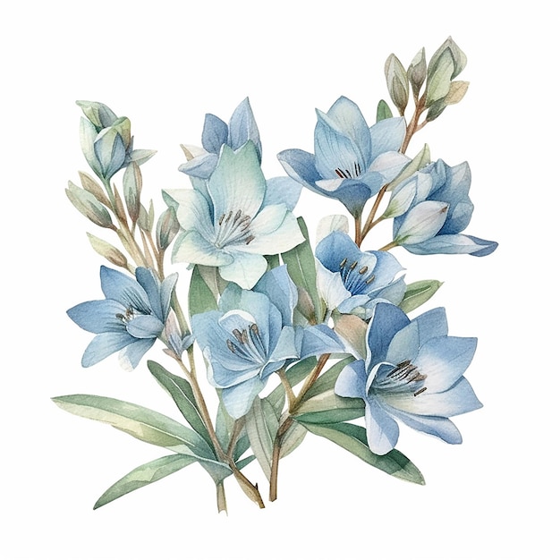 A bouquet of blue flowers with green leaves and the word love on it.