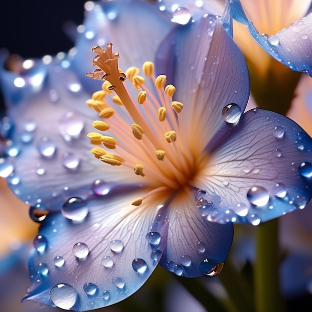 Bouquet of blue flowers with water drops close up