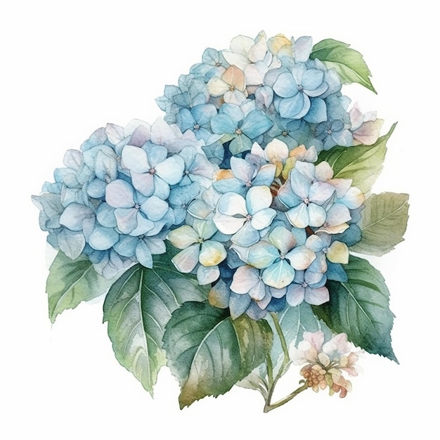 A bouquet of blue hydrangea flowers with leaves.