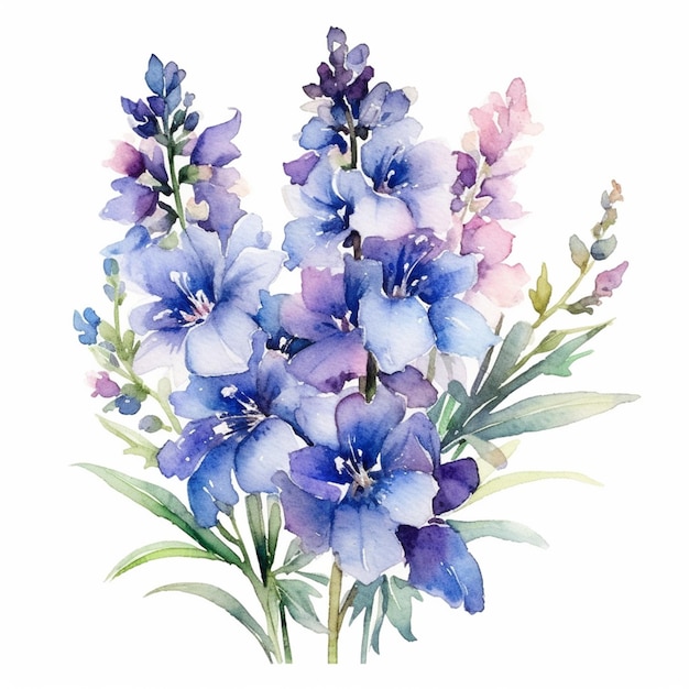 A bouquet of blue lupines watercolor painting