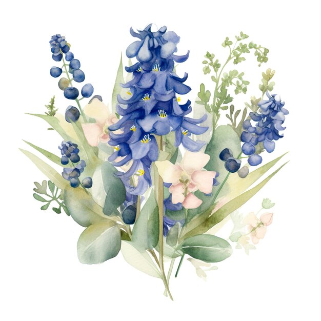 Bouquet of bluebonnets watercolour with blank white background generat ai