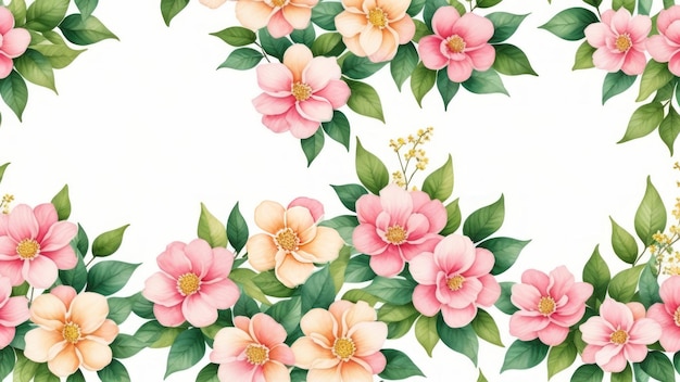 Bouquet border green leaves and blush pink flowers on white background Watercolor hand painted seamless border Illustration AI Generated