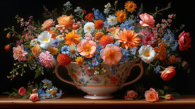 Bouquet Brilliance A Stunning Arrangement of Mixed Flowers in a Classic Teacup