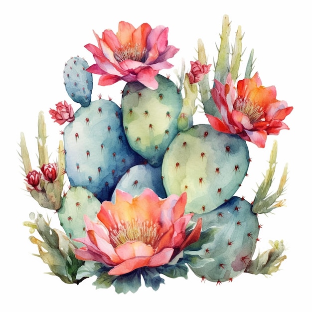 A bouquet of cactus flowers watercolor hand painted isolated on white background.