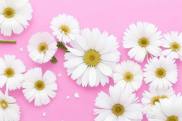 Foto un bouquet di camomilla su uno sfondo rosa pastello con vuoto