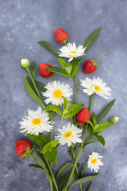 A bouquet of chamomile and strawberry on a gray background Postcard