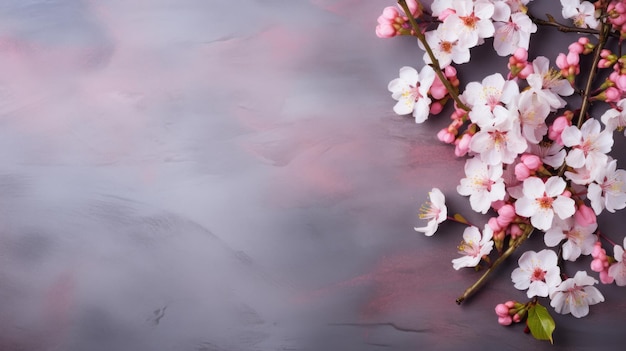 テキスト用のスペースを持つ灰色の大理石の背景に桜の花束