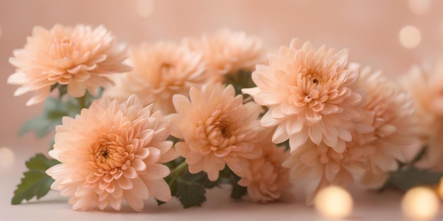 Bouquet of chrysanthemums on blurred bokeh background in trendy Peach Fuzz color Elegant backdrop f
