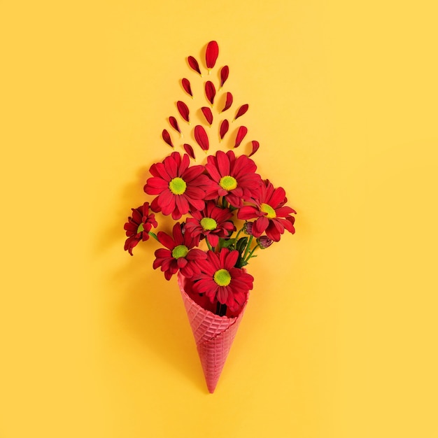 A bouquet of chrysanthemums in a waffle cup