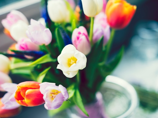 Bouquet of colorful blooming tulips