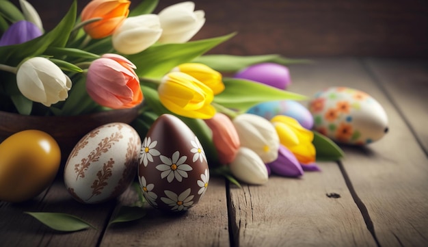Букет красочных пасхальных яиц с букетом цветов на деревянном столе