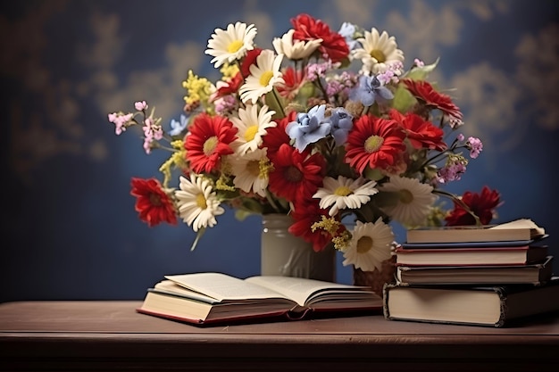 木製のテーブルの上にある色とりどりの花束と本