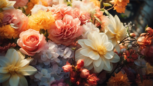 a bouquet of colorful flowers is shown in this image
