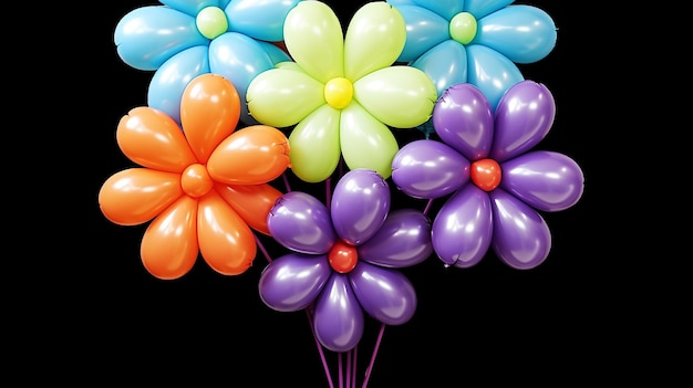 Bouquet of colorful flowers made from balloons on a black background