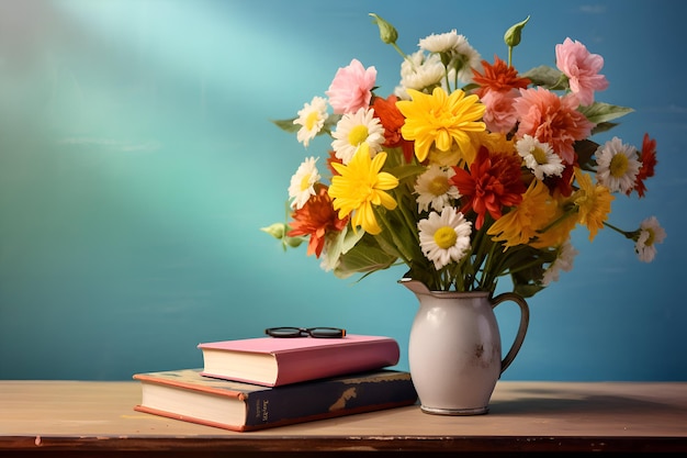 木製のテーブルの上にある花瓶と本の色とりどりの花束