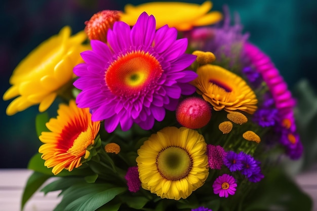 A bouquet of colorful flowers with a green leaf in the center.