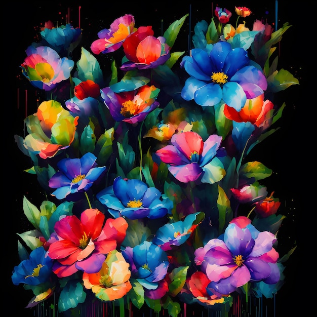 Bouquet of colorful garden flowers on black background Multicolor bouquet of flowers Generative AI