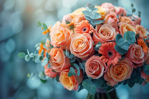 Bouquet of colorful gerberas and eucalyptus on blur background close up