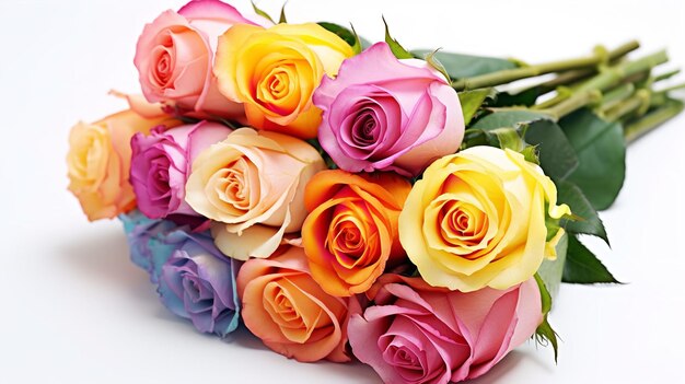 A bouquet of colorful roses is displayed on a white background.