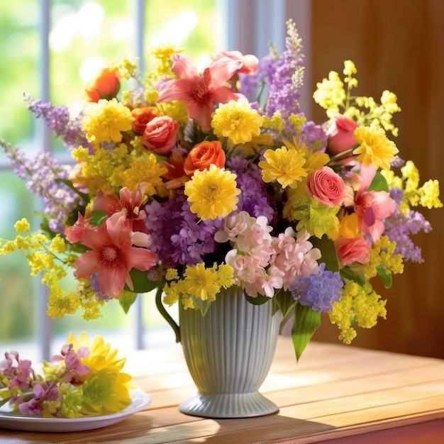 Bouquet of colorful spring flowers in vase on wooden table