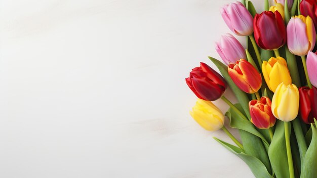 Bouquet of colorful tulip flowers white wall space for text copy space