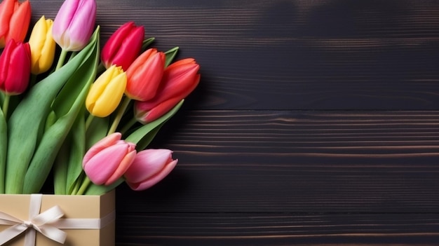 A bouquet of colorful tulips on a black background