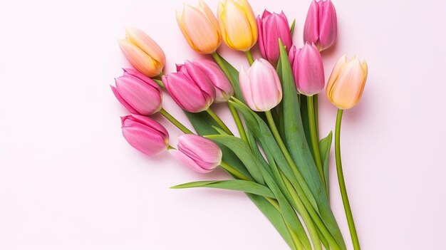 Bouquet of colorful tulips Festive flowers on a rose background Easter mothers day Women's Day