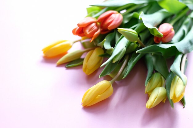 Bouquet of colorful tulips on pink table. Copy space