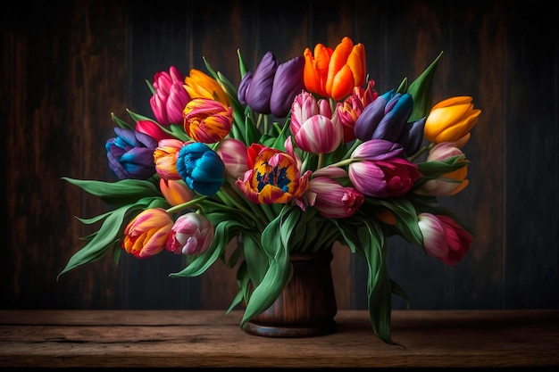 A bouquet of colorful tulips in a vase