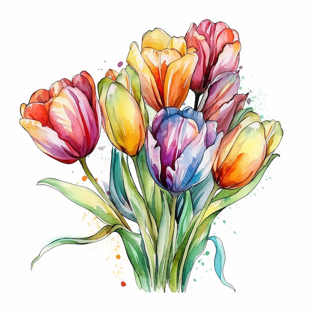 A bouquet of colorful tulips with watercolors.