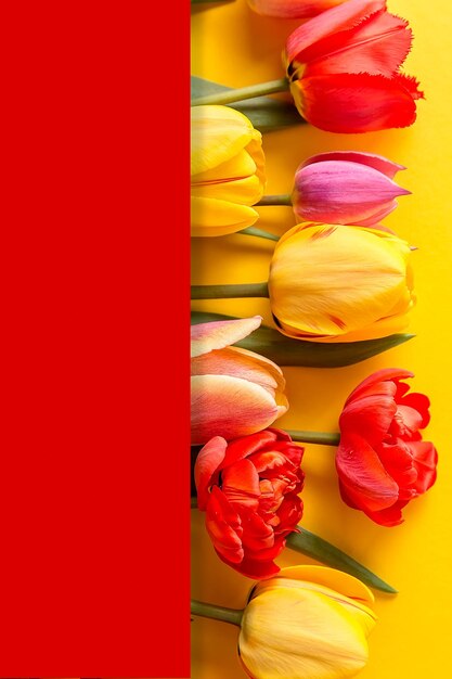A bouquet of colorful tulips on a yellow background a ready place for your invitation text congratulations