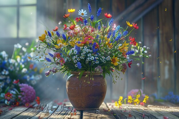 A bouquet of colorful wildflowers in a rustic vase