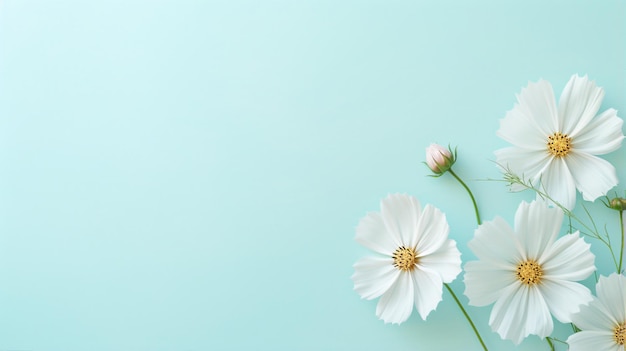 a bouquet of cosmos on a blue background