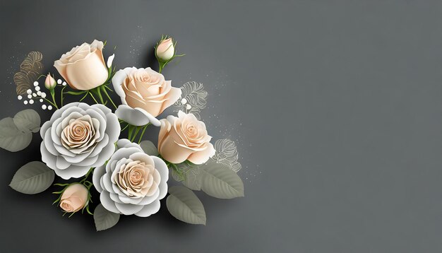 Bouquet of cream roses flowers on dark grey background Beautiful template with copy space