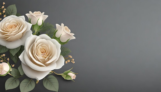 Bouquet of cream roses flowers on dark grey background Beautiful template with copy space