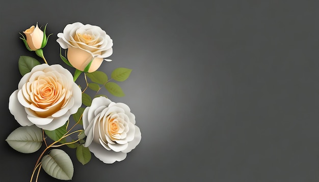 Bouquet of cream roses flowers on dark grey background Beautiful template with copy space