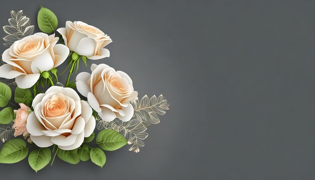 Bouquet of cream roses flowers on dark grey background Beautiful template with copy space