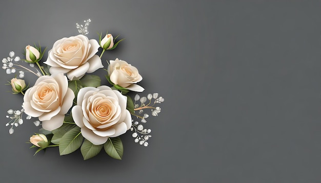 Bouquet of cream roses flowers on dark grey background Beautiful template with copy space