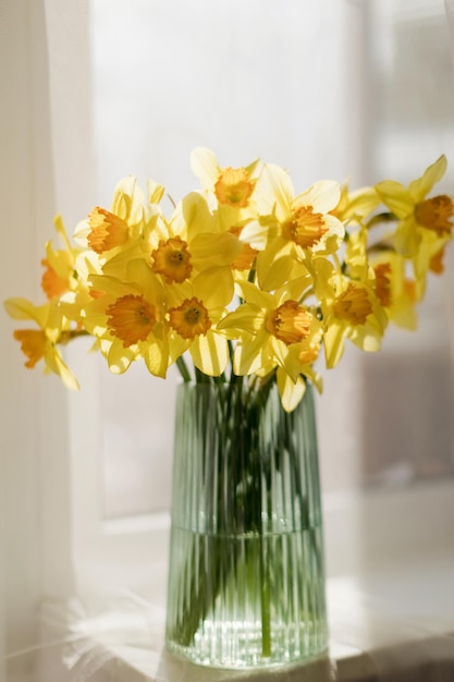 Bouquet of daffodils in glass vase on a windowsill at sunlight Spring yellow flowers