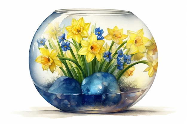 Bouquet of daffodils in a round glass vase generative ai