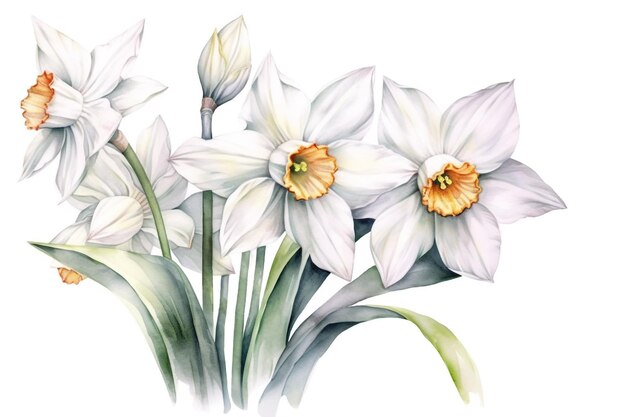 A bouquet of daffodils with white flowers.