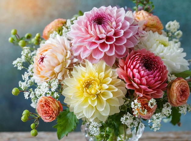 A bouquet of Dahlia flowers is in a glass vase with a blue background