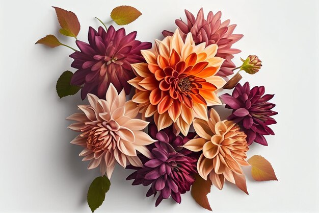 A bouquet of dahlias is displayed on a white background.