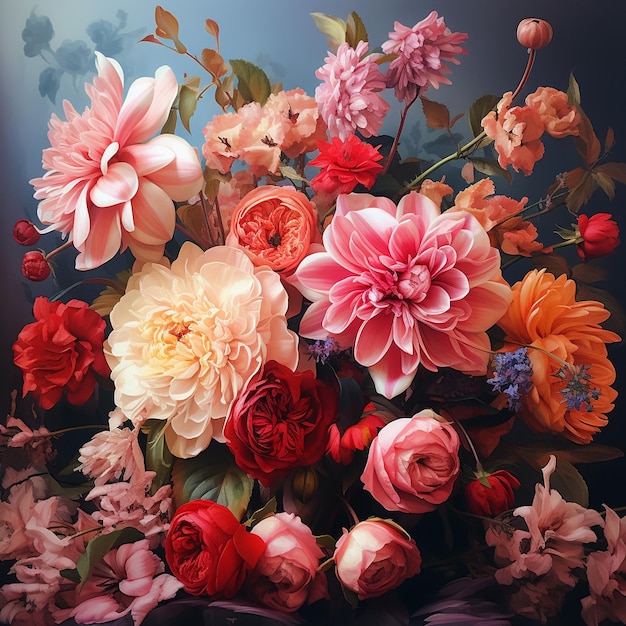 Bouquet of dahlias and roses on a dark background