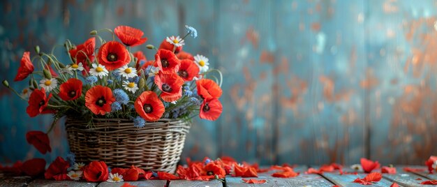 Photo a bouquet of daisies in a basket with fallen petals on a background of shabby wood planks in the provence style is shown in this drawing