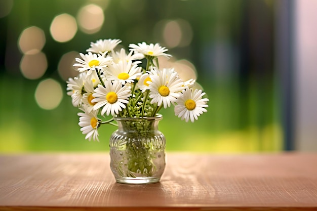 Bouquet of daisies in a glass vase on a wooden table on a blurred background AI generated