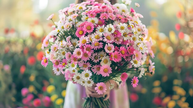 Bouquet of daisies in the hands of a girl